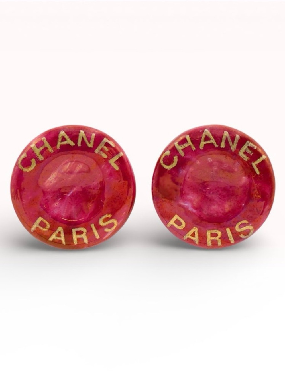 A Pair of Vintage Chanel Pink and Gold-Tone Paris Button Clip-On Earrings, 1997